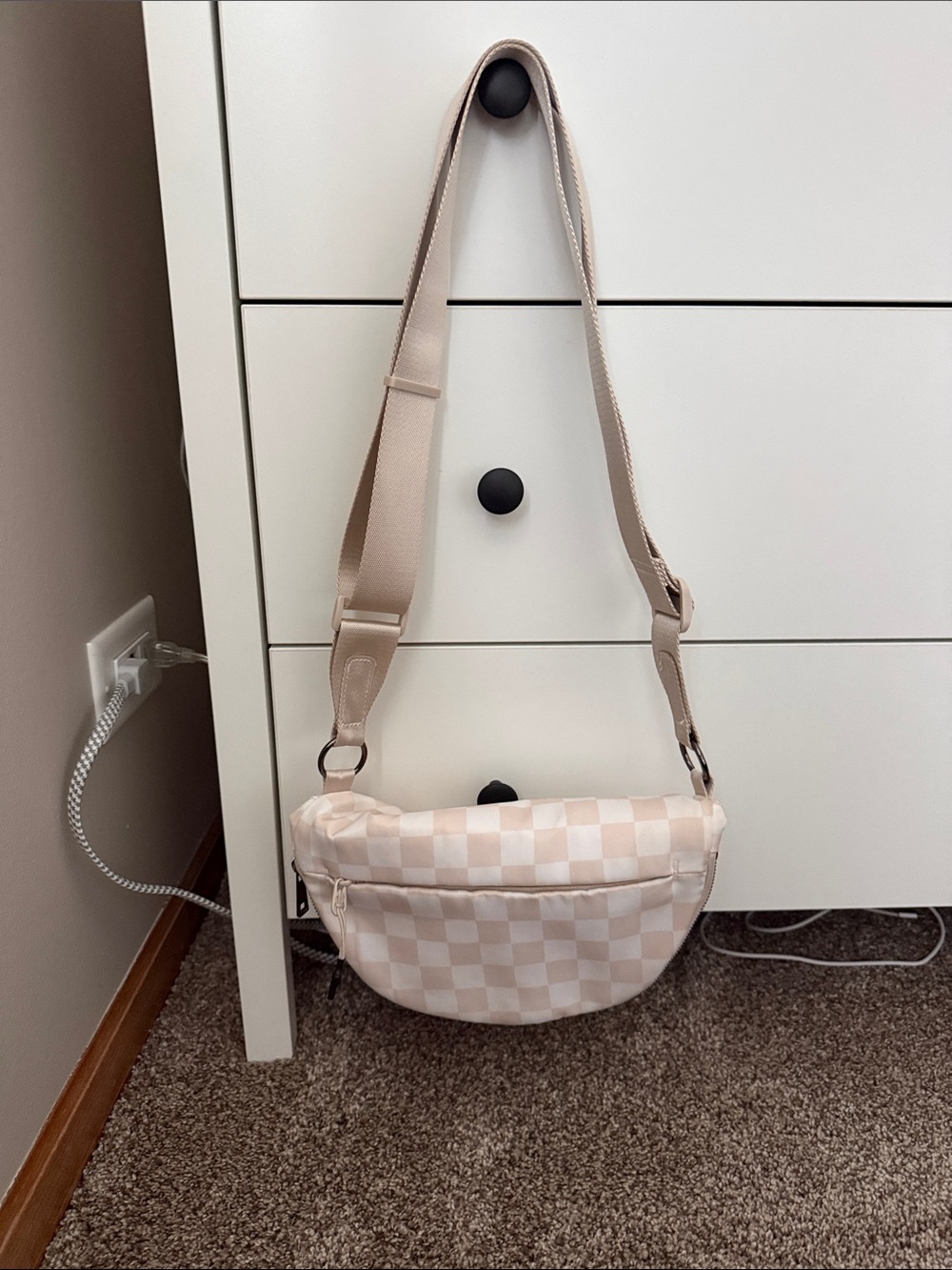 Neutral Checkered Crossbody Bag - Beige
